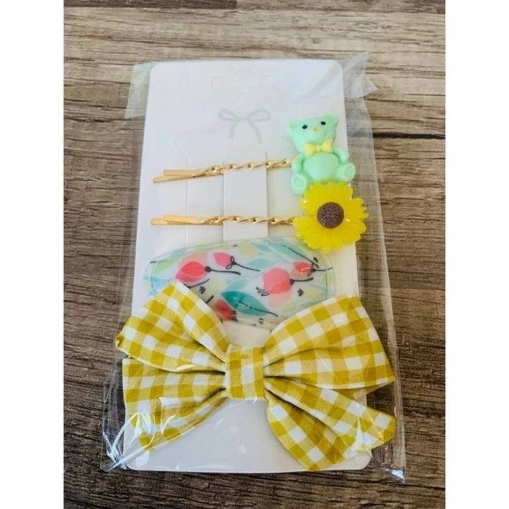 Hair pins fashion bear flower ribbon hair pin 4PC set  Yellow